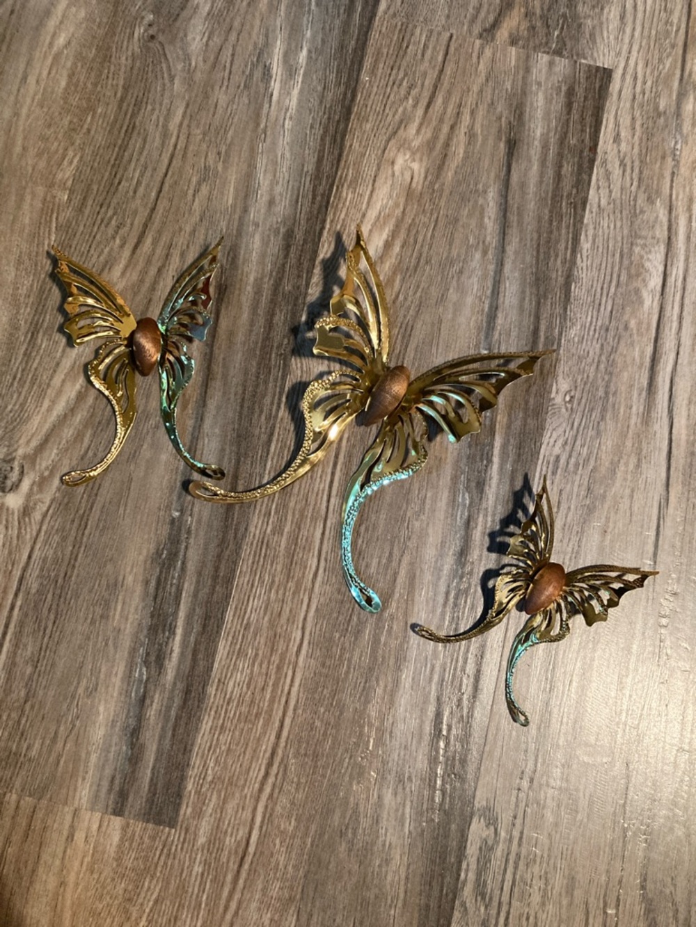 Vintage Home Interiors 3 pc Gold tone Butterflies with Wood Accents